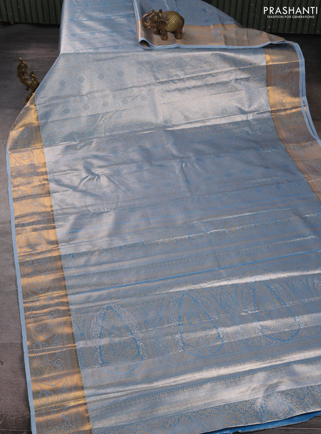 Bangalori tissue silk saree blue with allover zari woven brocade weaves and zari woven border