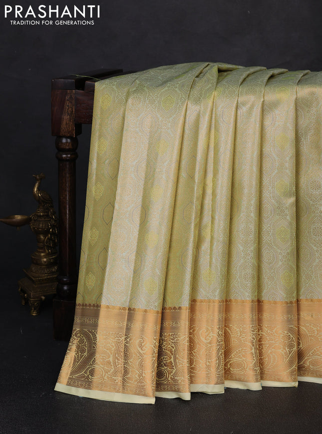 Bangalori tissue silk saree pista green with allover zari woven brocade weaves and zari woven border