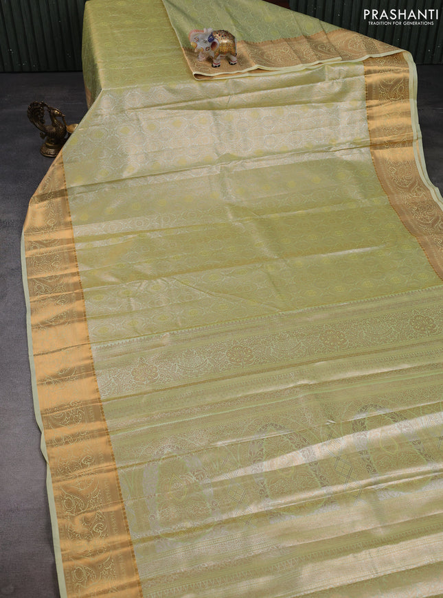 Bangalori tissue silk saree pista green with allover zari woven brocade weaves and zari woven border