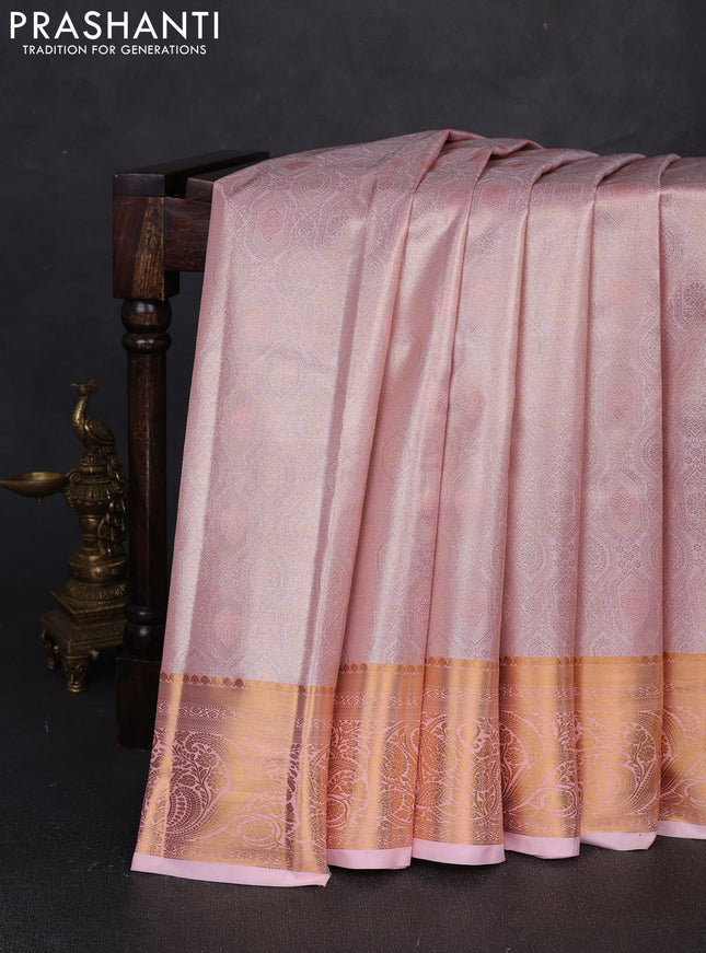 Bangalori tissue silk saree mild peach pink with allover zari woven brocade weaves and zari woven border