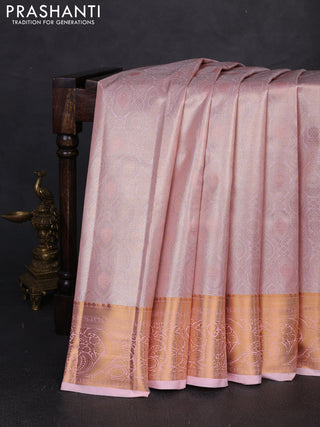 Bangalori tissue silk saree mild peach pink with allover zari woven brocade weaves and zari woven border