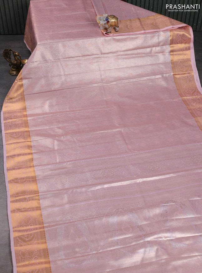 Bangalori tissue silk saree mild peach pink with allover zari woven brocade weaves and zari woven border