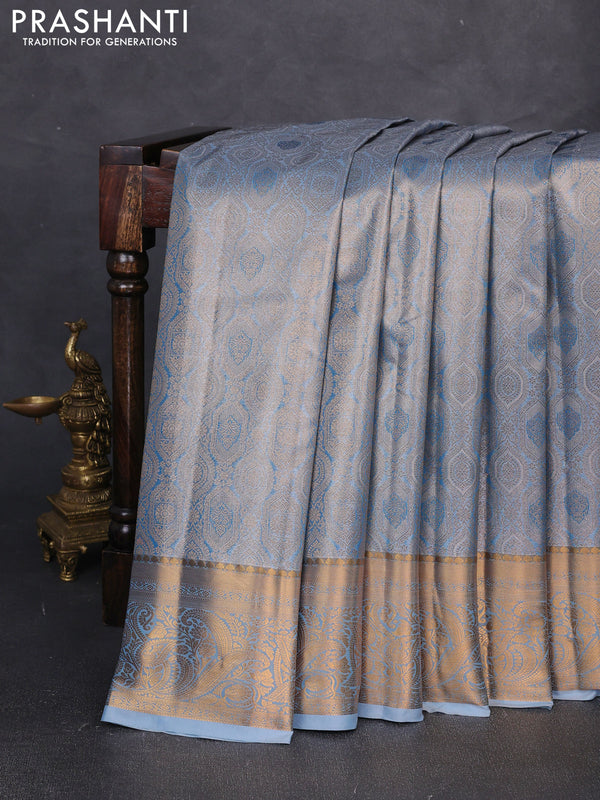 Bangalori tissue silk saree blue with allover zari woven brocade weaves and zari woven border