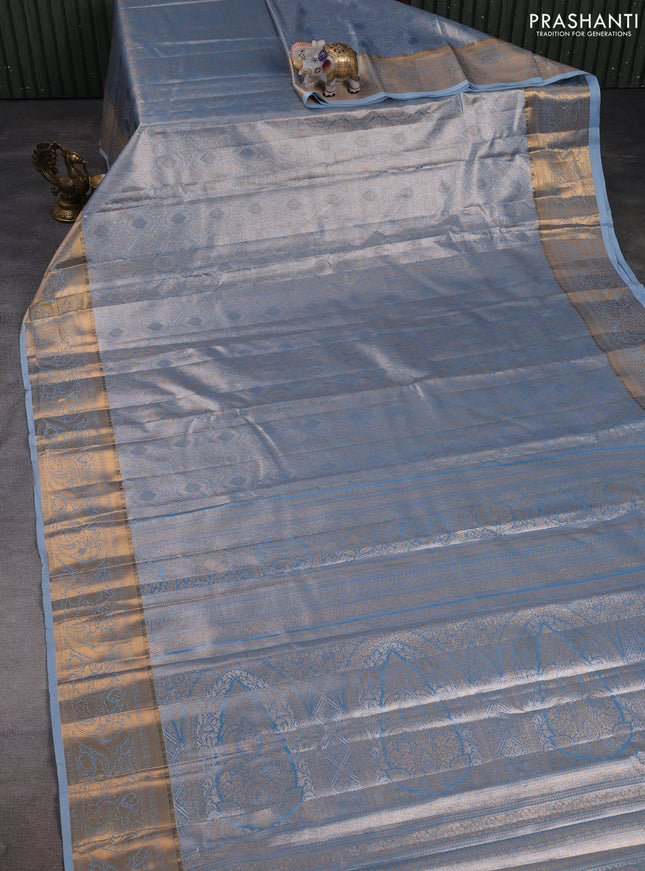 Bangalori tissue silk saree blue with allover zari woven brocade weaves and zari woven border
