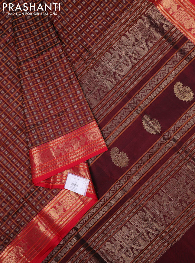 Kanchipuram silk cotton saree maroon and red with allover thread checks & buttas and zari woven border
