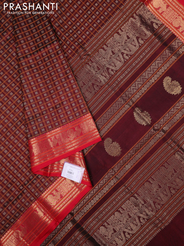 Kanchipuram silk cotton saree maroon and red with allover thread checks & buttas and zari woven border