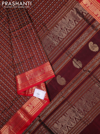 Kanchipuram silk cotton saree maroon and red with allover thread checks & buttas and zari woven border