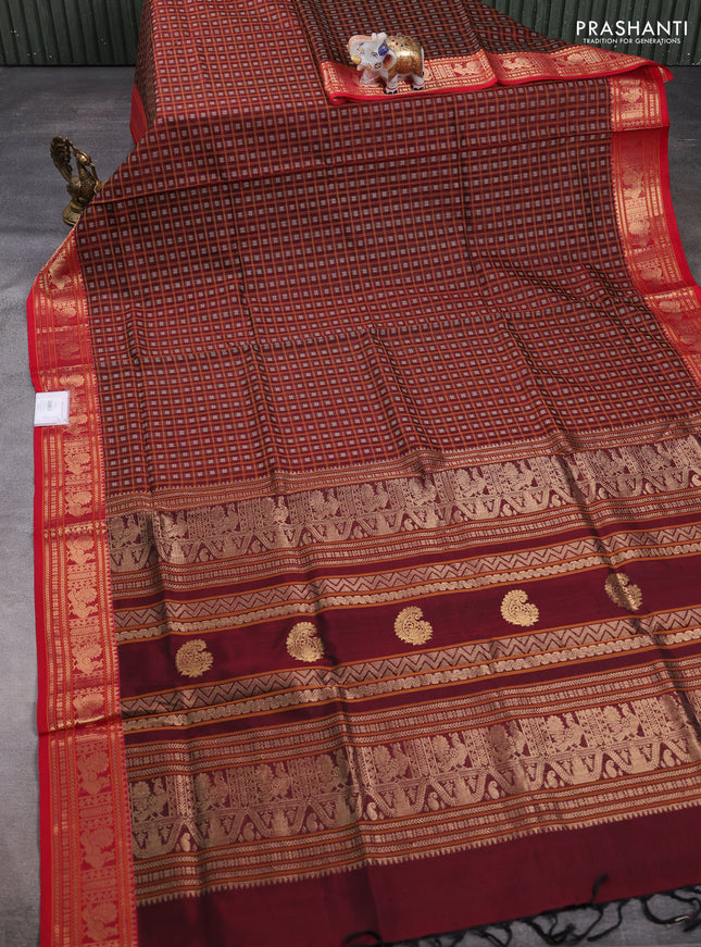 Kanchipuram silk cotton saree maroon and red with allover thread checks & buttas and zari woven border