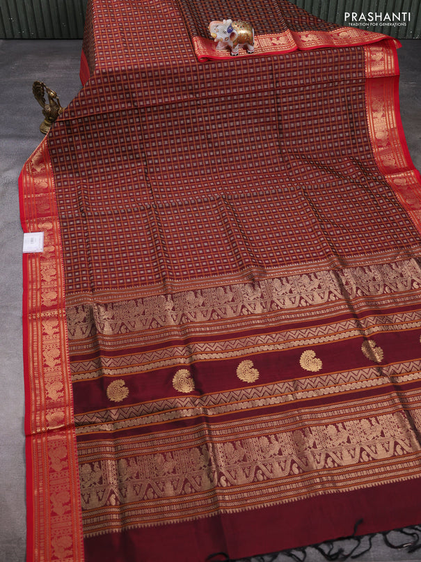 Kanchipuram silk cotton saree maroon and red with allover thread checks & buttas and zari woven border