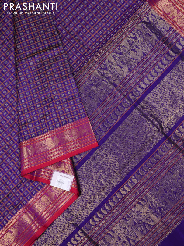 Kanchipuram silk cotton saree violet and pink shade with allover thread checks & buttas and zari woven border