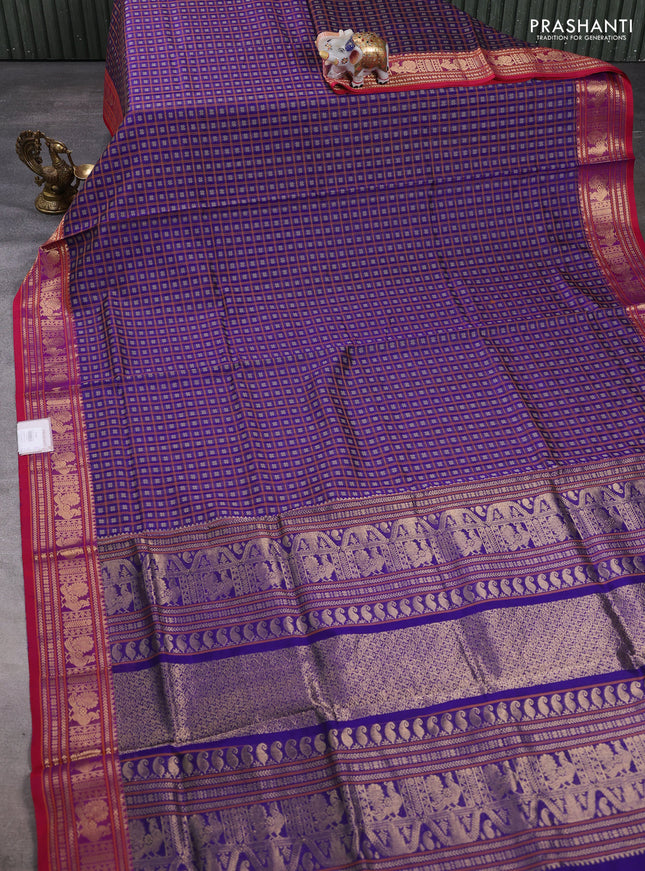 Kanchipuram silk cotton saree violet and pink shade with allover thread checks & buttas and zari woven border