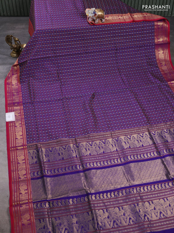 Kanchipuram silk cotton saree violet and pink shade with allover thread checks & buttas and zari woven border