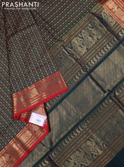 Kanchipuram silk cotton saree green and red with allover thread checks & buttas and zari woven border