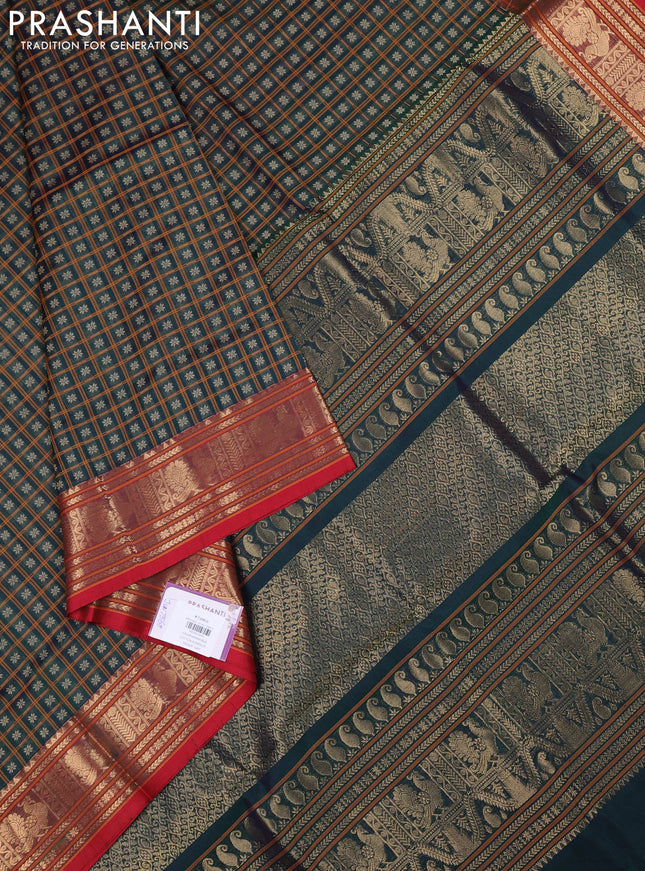 Kanchipuram silk cotton saree green and red with allover thread checks & buttas and zari woven border