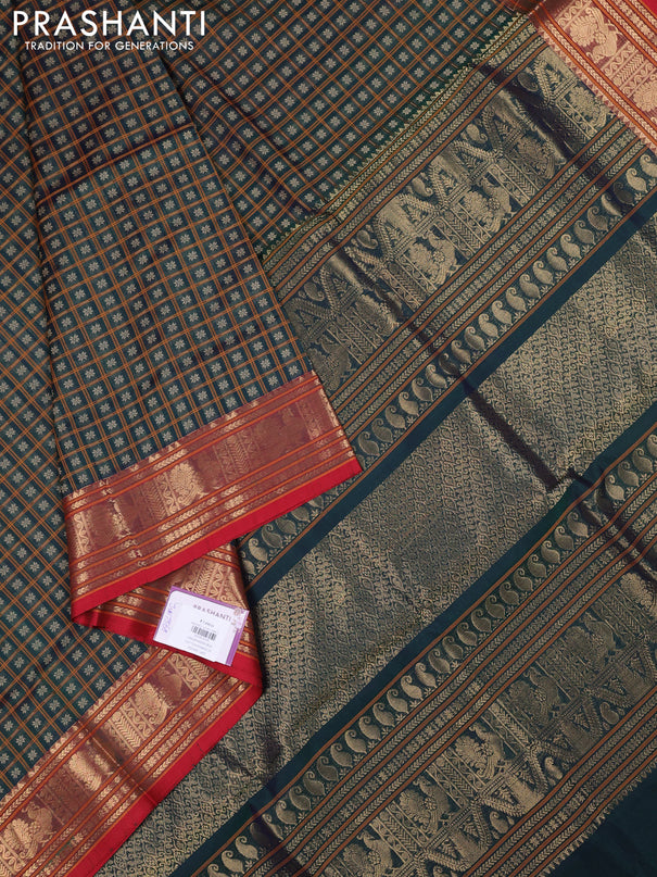 Kanchipuram silk cotton saree green and red with allover thread checks & buttas and zari woven border