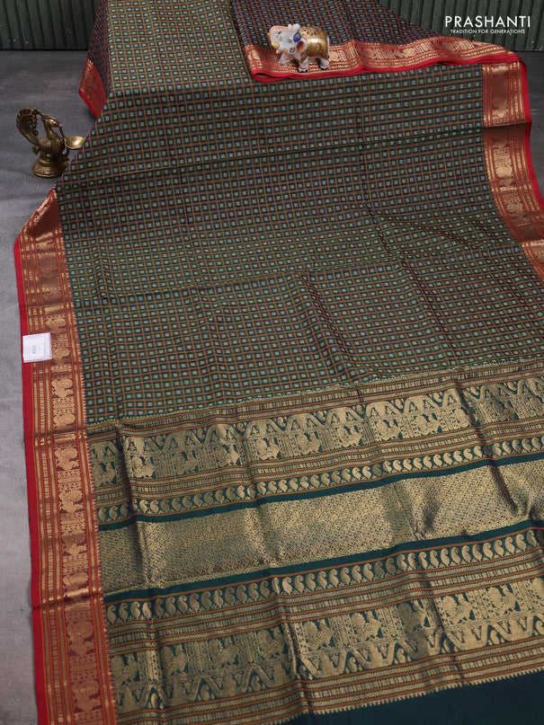 Kanchipuram silk cotton saree green and red with allover thread checks & buttas and zari woven border