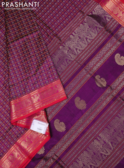 Kanchipuram silk cotton saree purple and pink with allover thread checks & buttas and zari woven border