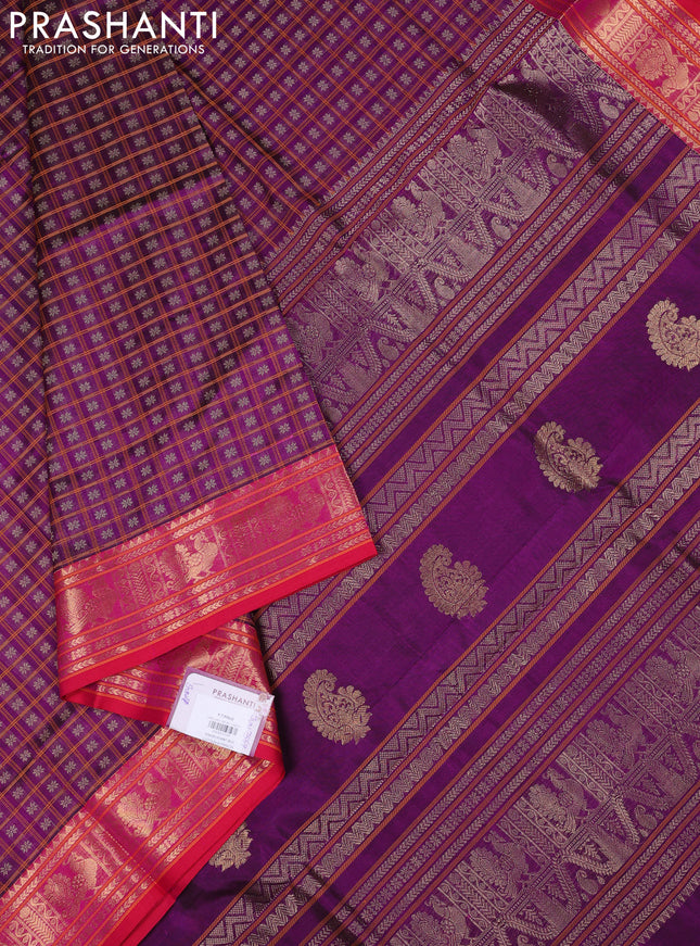 Kanchipuram silk cotton saree purple and pink with allover thread checks & buttas and zari woven border