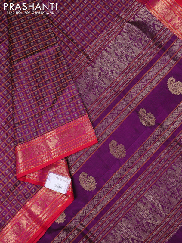 Kanchipuram silk cotton saree purple and pink with allover thread checks & buttas and zari woven border