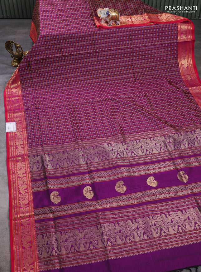 Kanchipuram silk cotton saree purple and pink with allover thread checks & buttas and zari woven border