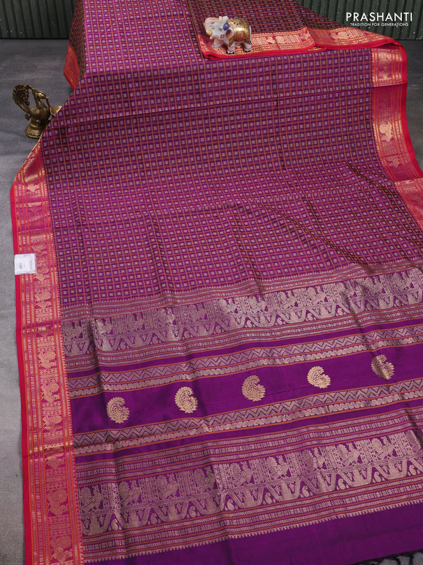 Kanchipuram silk cotton saree purple and pink with allover thread checks & buttas and zari woven border