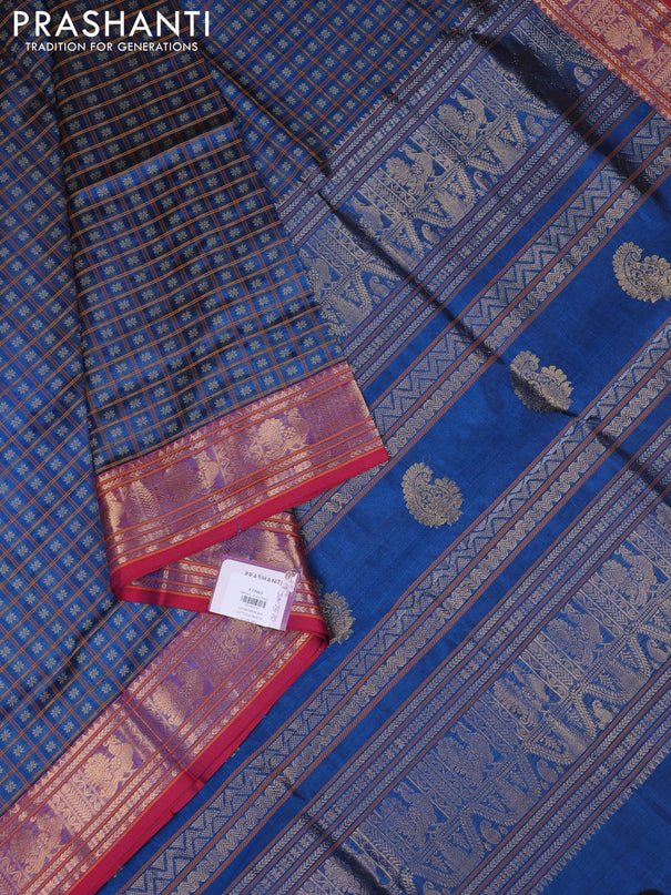 Kanchipuram silk cotton saree cs blue and tomato red with allover thread checks & buttas and zari woven border