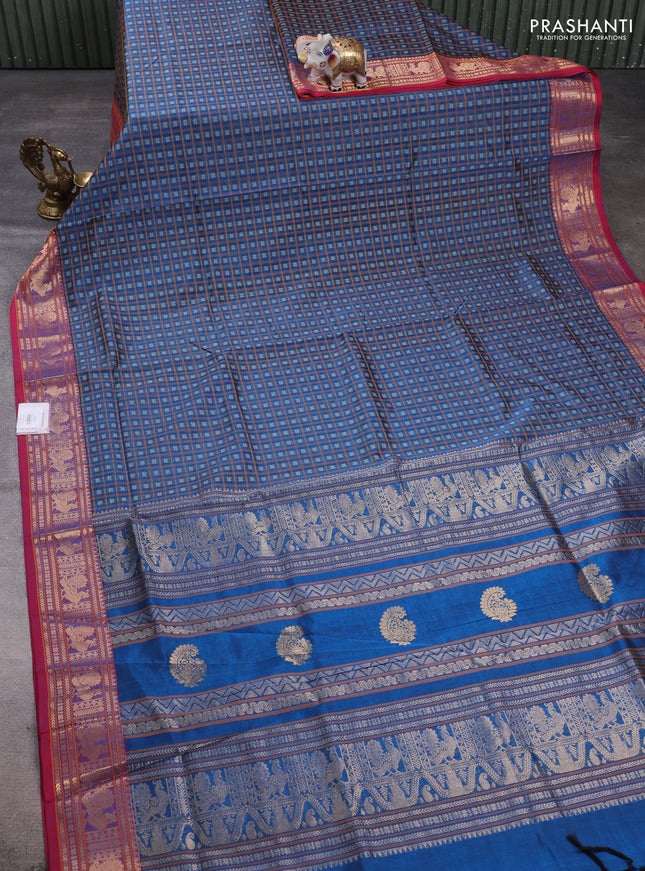 Kanchipuram silk cotton saree cs blue and tomato red with allover thread checks & buttas and zari woven border