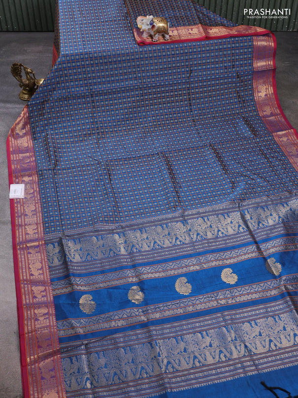 Kanchipuram silk cotton saree cs blue and tomato red with allover thread checks & buttas and zari woven border