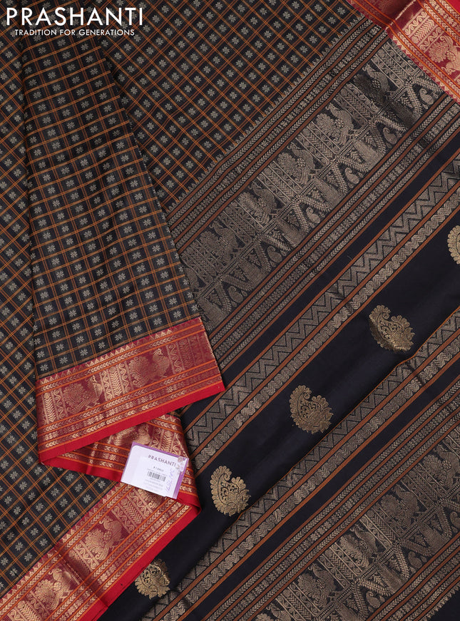 Kanchipuram silk cotton saree black and red with allover thread checks & buttas and zari woven border