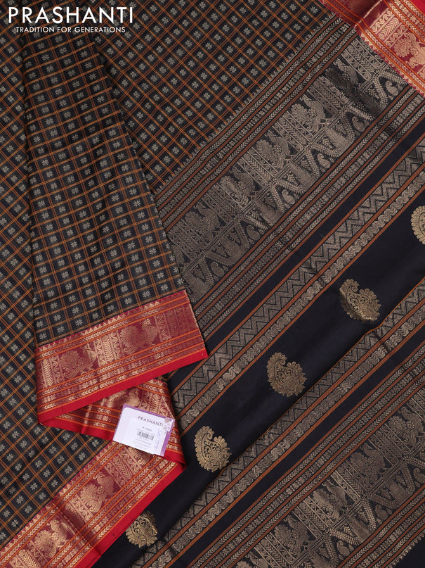 Kanchipuram silk cotton saree black and red with allover thread checks & buttas and zari woven border