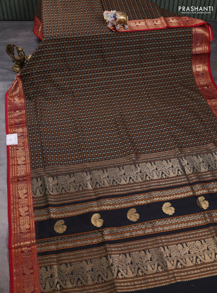 Kanchipuram silk cotton saree black and red with allover thread checks & buttas and zari woven border