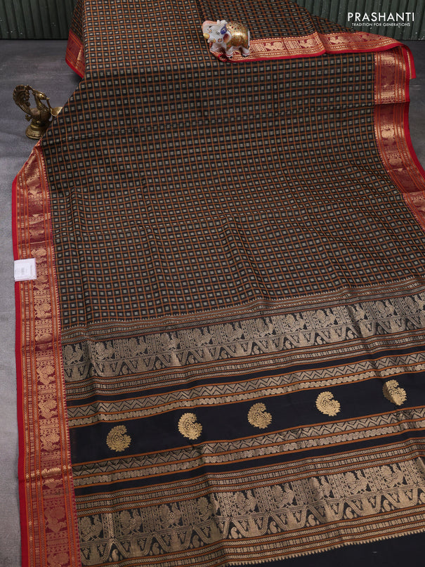 Kanchipuram silk cotton saree black and red with allover thread checks & buttas and zari woven border