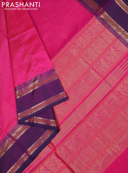 Kanchipuram silk cotton saree pink and purple with allover zari stripe pattern and rettapet zari woven border