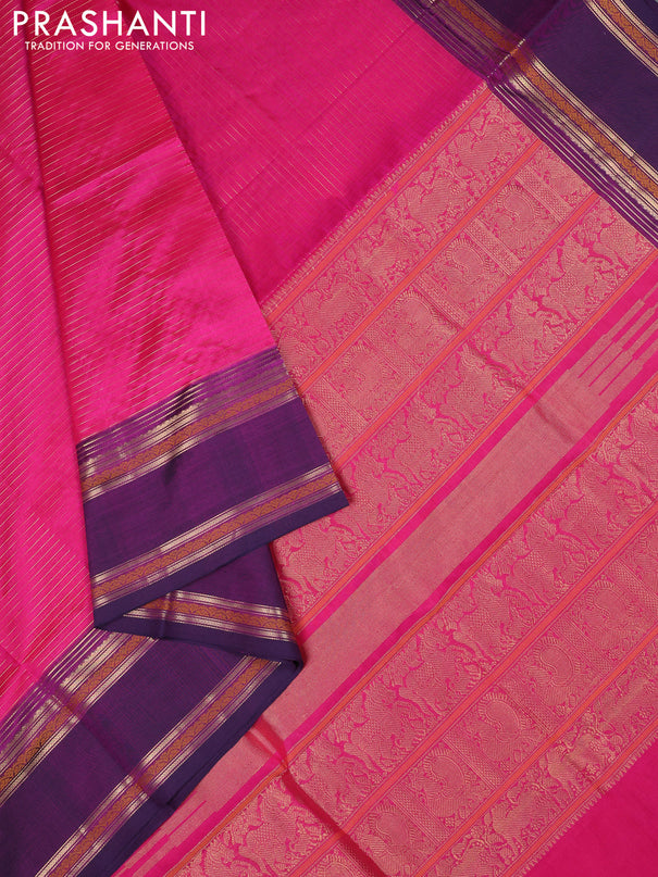 Kanchipuram silk cotton saree pink and purple with allover zari stripe pattern and rettapet zari woven border