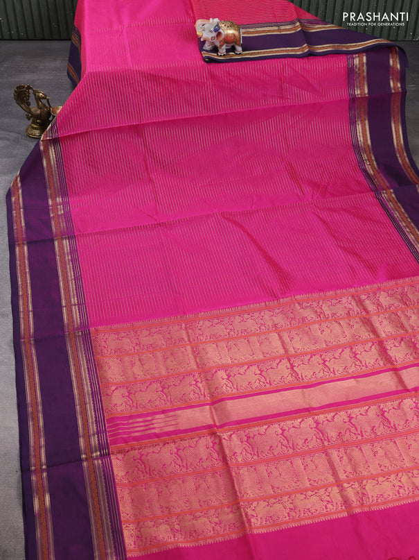 Kanchipuram silk cotton saree pink and purple with allover zari stripe pattern and rettapet zari woven border