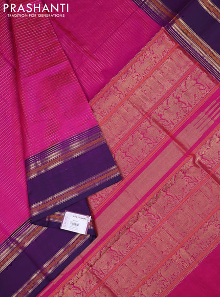 Kanchipuram silk cotton saree magenta pink and purple with allover zari stripe pattern and rettapet zari woven border