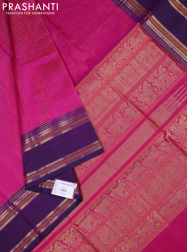 Kanchipuram silk cotton saree magenta pink and purple with allover zari stripe pattern and rettapet zari woven border