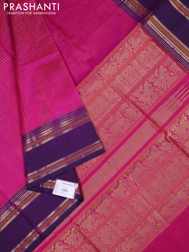 Kanchipuram silk cotton saree magenta pink and purple with allover zari stripe pattern and rettapet zari woven border