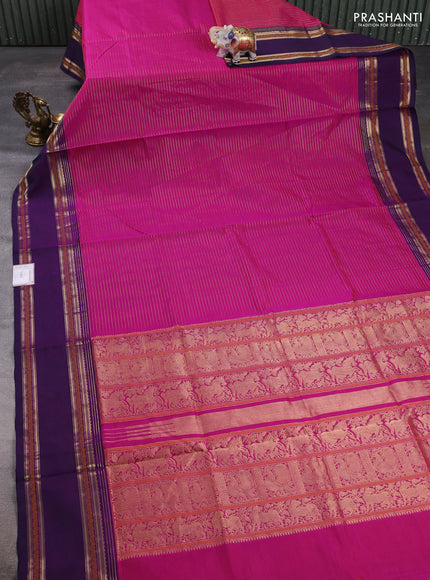 Kanchipuram silk cotton saree magenta pink and purple with allover zari stripe pattern and rettapet zari woven border