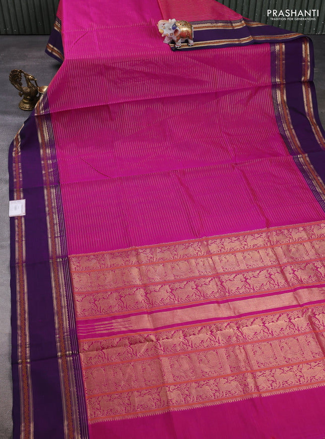 Kanchipuram silk cotton saree magenta pink and purple with allover zari stripe pattern and rettapet zari woven border