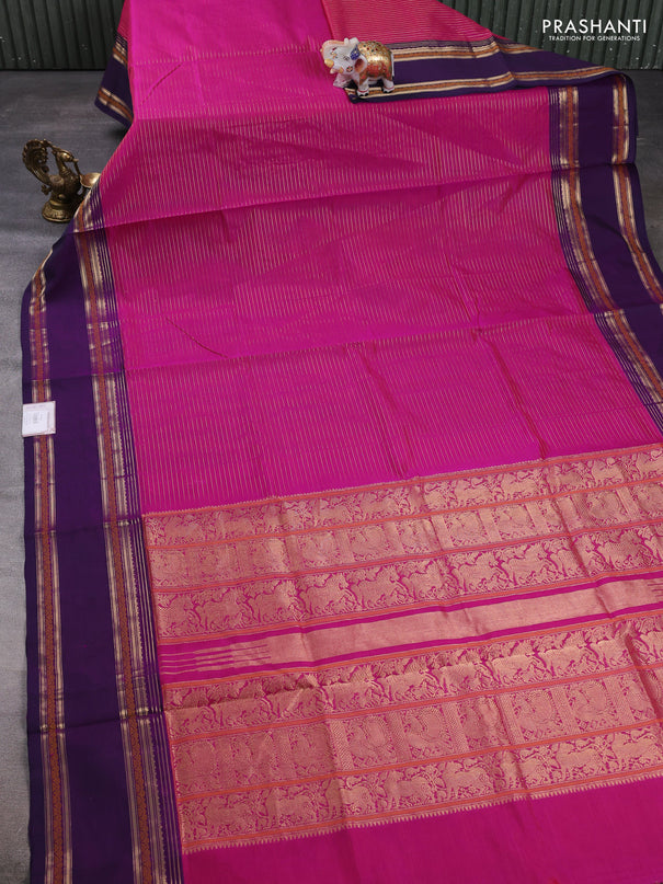 Kanchipuram silk cotton saree magenta pink and purple with allover zari stripe pattern and rettapet zari woven border