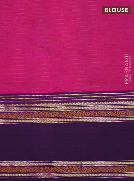 Kanchipuram silk cotton saree magenta pink and purple with allover zari stripe pattern and rettapet zari woven border