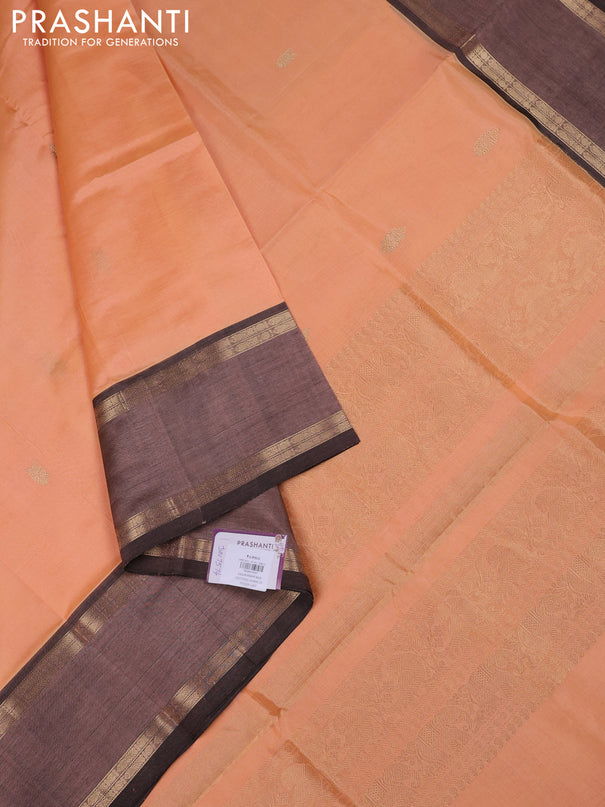Kanchipuram silk cotton saree pale orange and brown with zari woven buttas and rettapet zari woven border