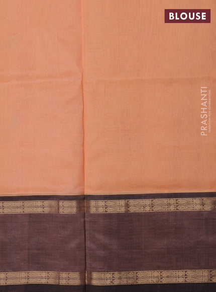 Kanchipuram silk cotton saree pale orange and brown with zari woven buttas and rettapet zari woven border