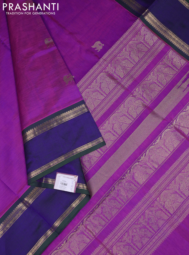 Kanchipuram silk cotton saree purple and dual shade of bluish green with zari woven buttas and rettapet zari woven border