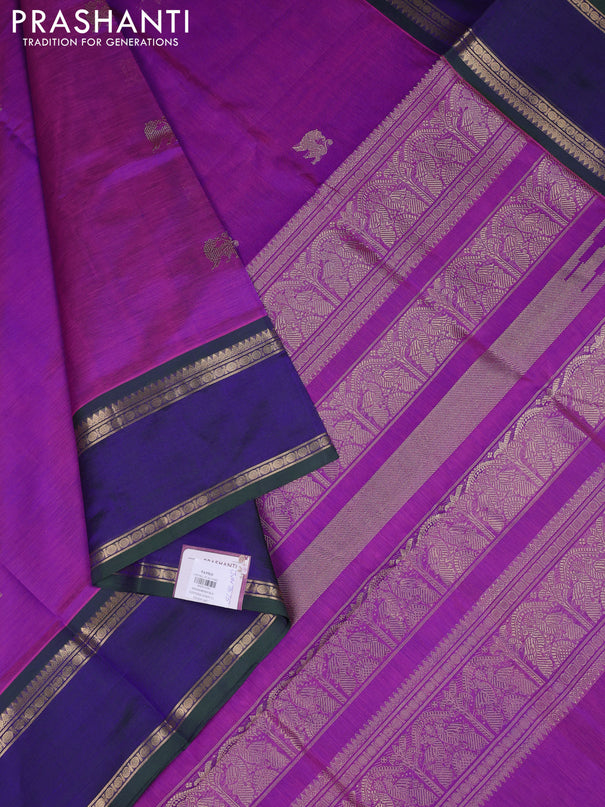 Kanchipuram silk cotton saree purple and dual shade of bluish green with zari woven buttas and rettapet zari woven border