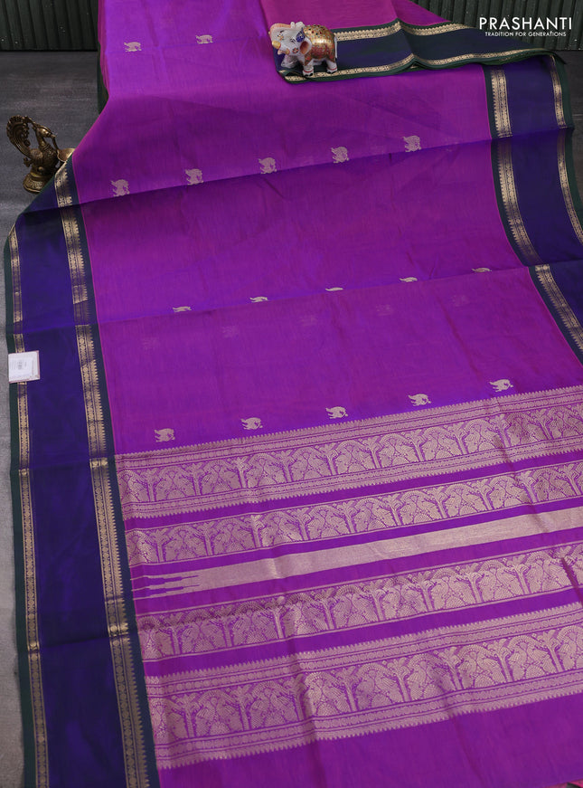Kanchipuram silk cotton saree purple and dual shade of bluish green with zari woven buttas and rettapet zari woven border