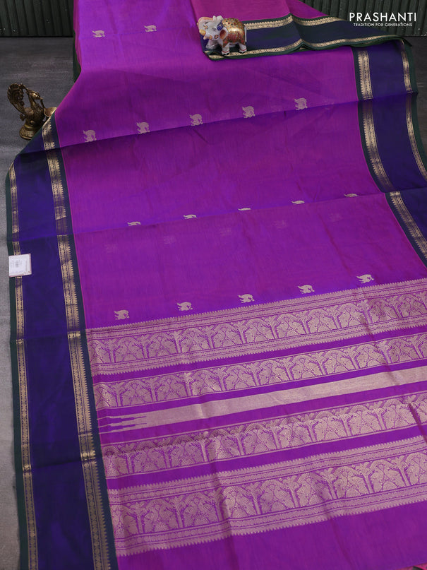 Kanchipuram silk cotton saree purple and dual shade of bluish green with zari woven buttas and rettapet zari woven border