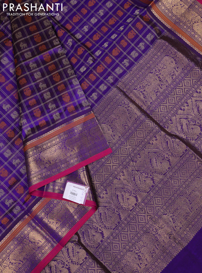 Kanchipuram silk cotton saree violet and magenta pink with allover thread checks & buttas and zari woven border