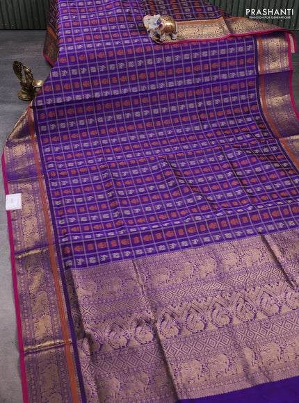 Kanchipuram silk cotton saree violet and magenta pink with allover thread checks & buttas and zari woven border